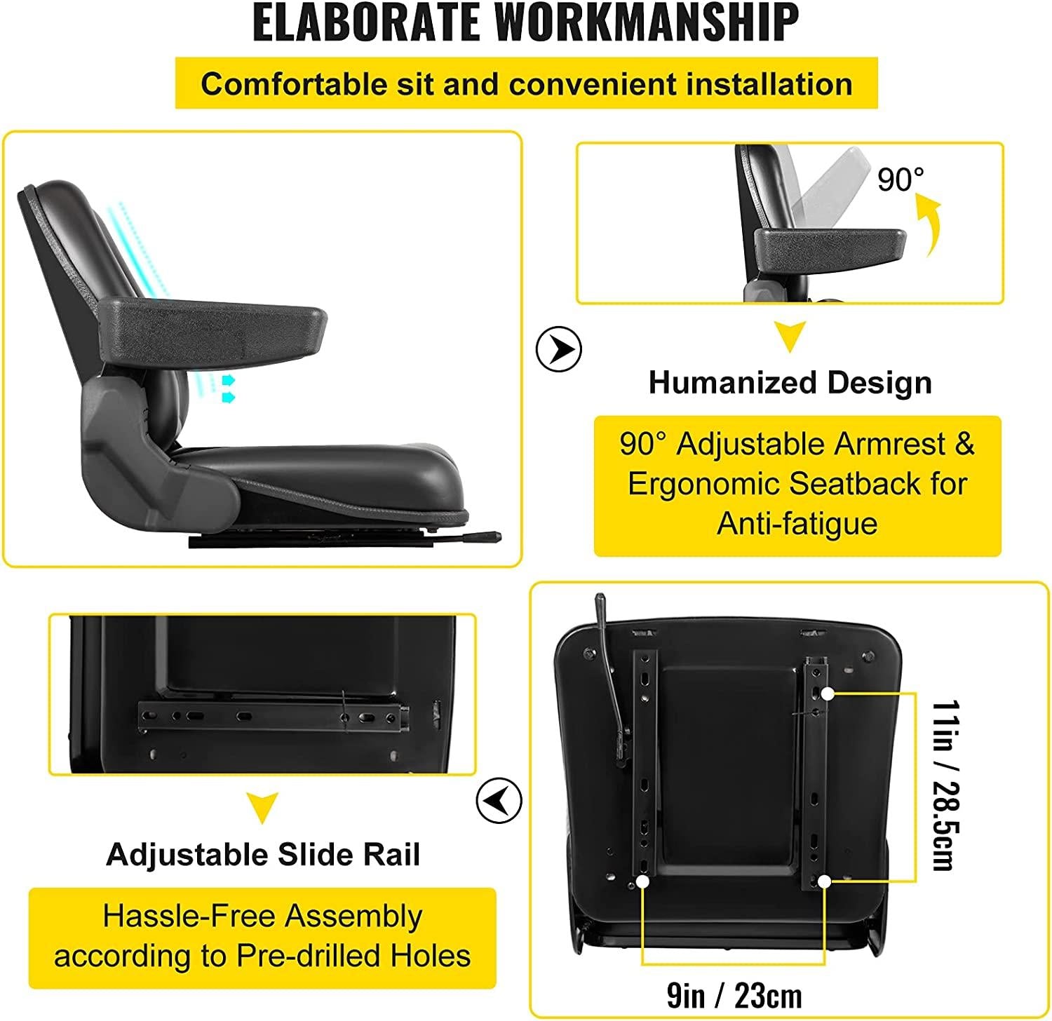 Universal Forklift Seat Black PVC Tractor Seat, 6"/150MM Adjustable Mower Seat Foldable Seat Including Armrests&Seat Switch, 18.5" x 20" x 18" Skid Steer Seat Fit Forklift, Tractor, Skid Loader