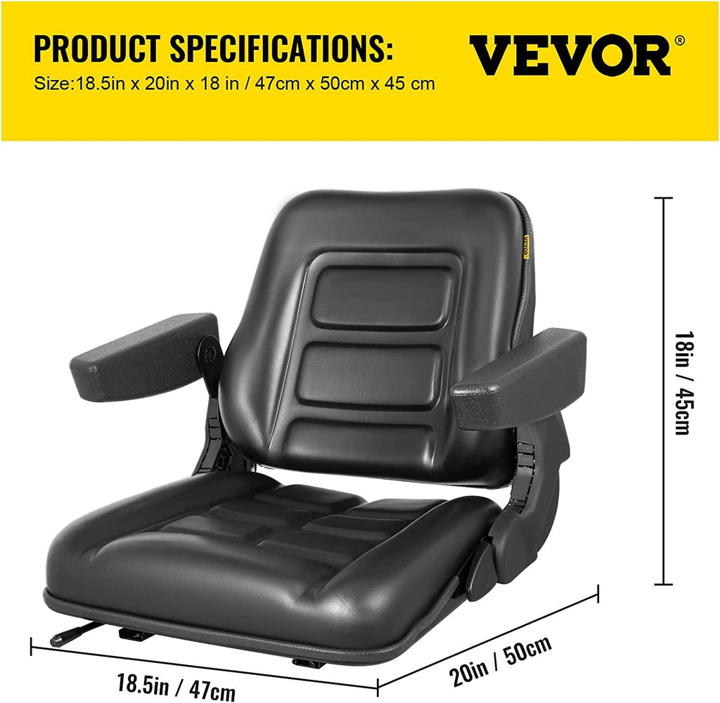 Universal Forklift Seat Black PVC Tractor Seat, 6"/150MM Adjustable Mower Seat Foldable Seat Including Armrests&Seat Switch, 18.5" x 20" x 18" Skid Steer Seat Fit Forklift, Tractor, Skid Loader