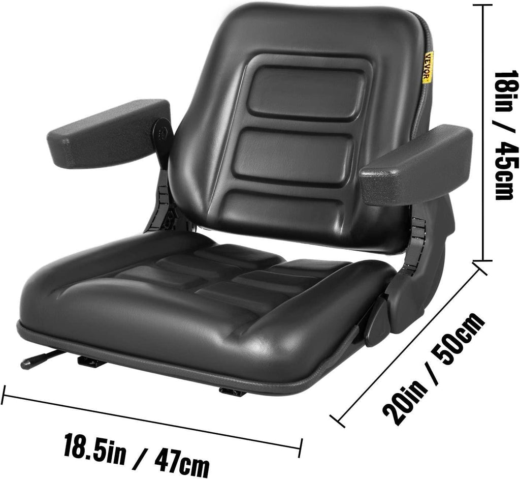 Universal Forklift Seat Black PVC Tractor Seat, 6"/150MM Adjustable Mower Seat Foldable Seat Including Armrests&Seat Switch, 18.5" x 20" x 18" Skid Steer Seat Fit Forklift, Tractor, Skid Loader