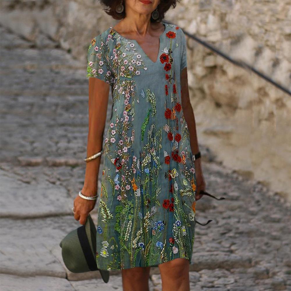 Floral Print V-neck Short Sleeve Midi Dress Women