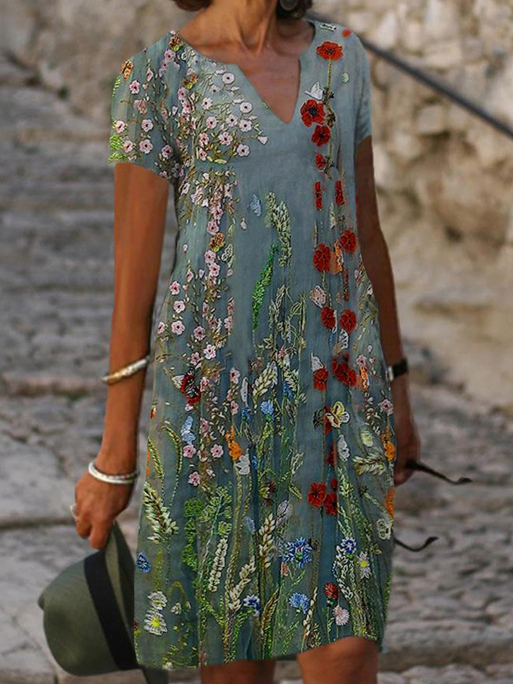Floral Print V-neck Short Sleeve Midi Dress Women