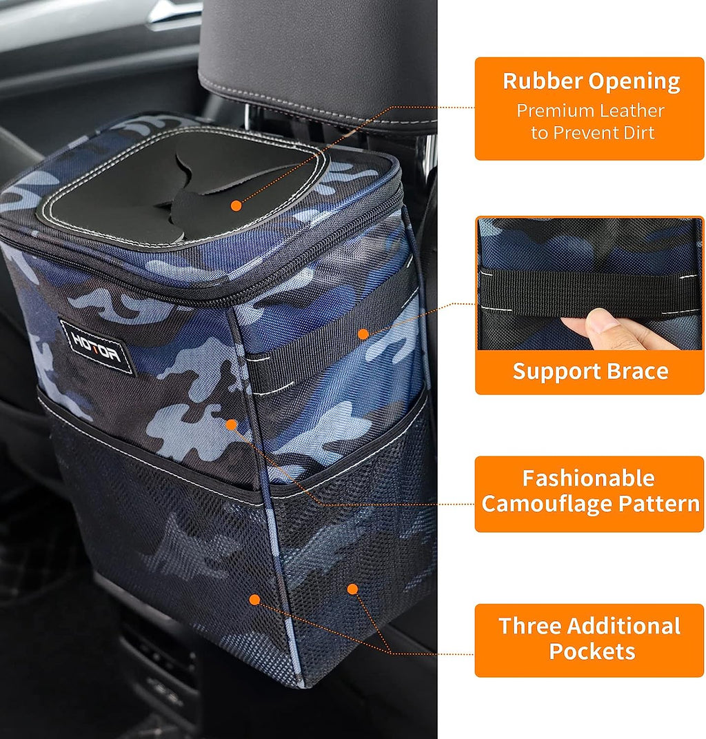 HOTOR Car Trash Can, Multifunctional Car Accessory for Interior Car Stuff Storage with Compact Design, Waterproof Car Organizer and Storage with Adjustable Straps, Magnetic Snaps (Camouflage Blue)