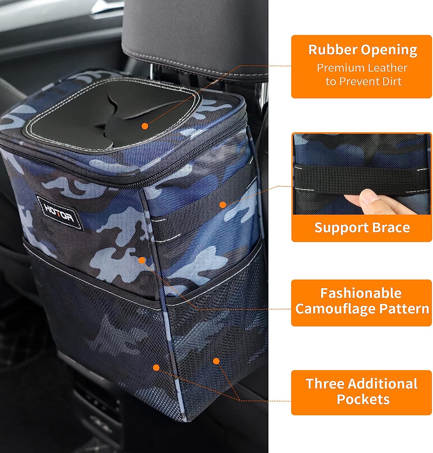HOTOR Car Trash Can, Multifunctional Car Accessory for Interior Car Stuff Storage with Compact Design, Waterproof Car Organizer and Storage with Adjustable Straps, Magnetic Snaps (Camouflage Blue)
