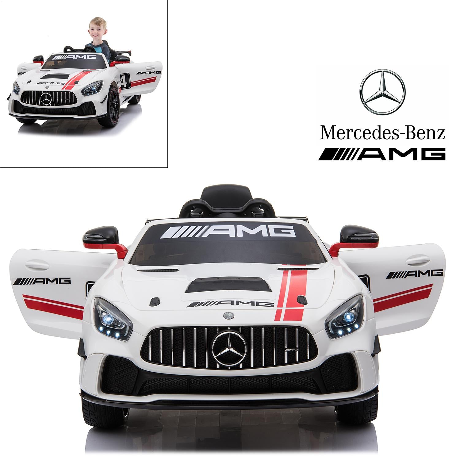Mercedes Benz AMG GT4 Electric Ride On Car with Remote Control for Kids, 12V Power Battery Official Licensed Kids Car with 2.4G Radio Parental Control Opening Doors