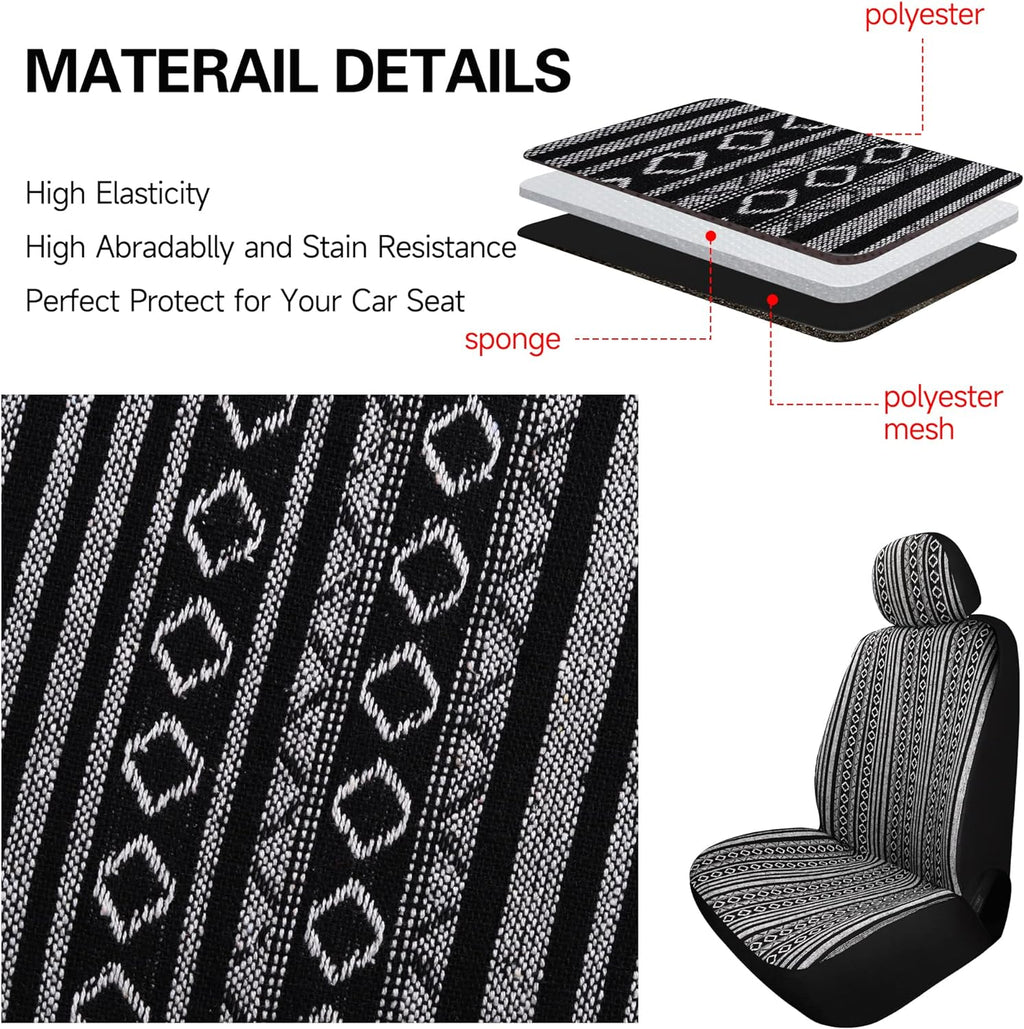 Pariitadin Baja Saddle Blanket Car Seat Covers Front Set with Seat Belt Pads, Washable Breathable Striped Woven Cloth Seat Covers for Cars, Universal Fit Most Cars, Airbag Compatible, Black/White