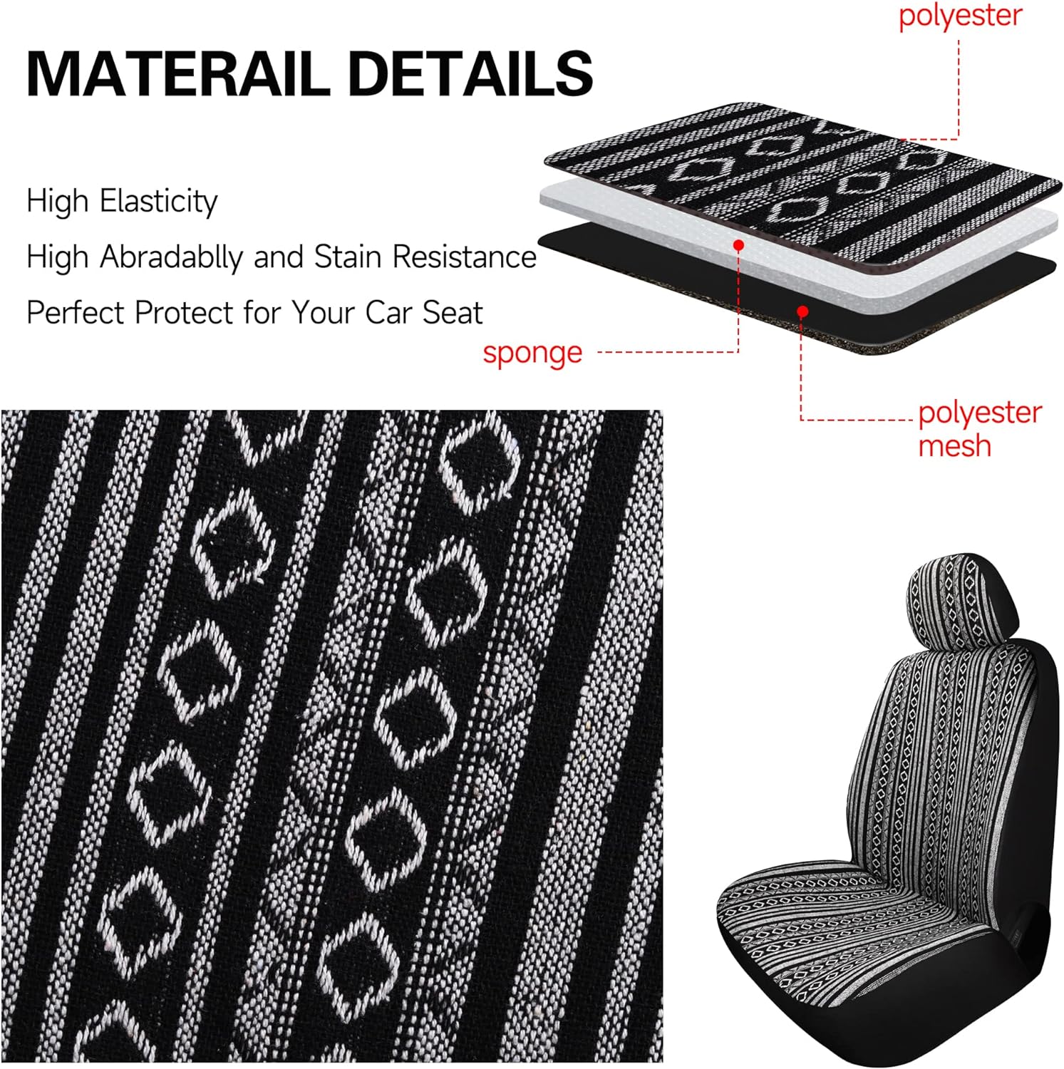 Pariitadin Baja Saddle Blanket Car Seat Covers Front Set with Seat Belt Pads, Washable Breathable Striped Woven Cloth Seat Covers for Cars, Universal Fit Most Cars, Airbag Compatible, Black/White
