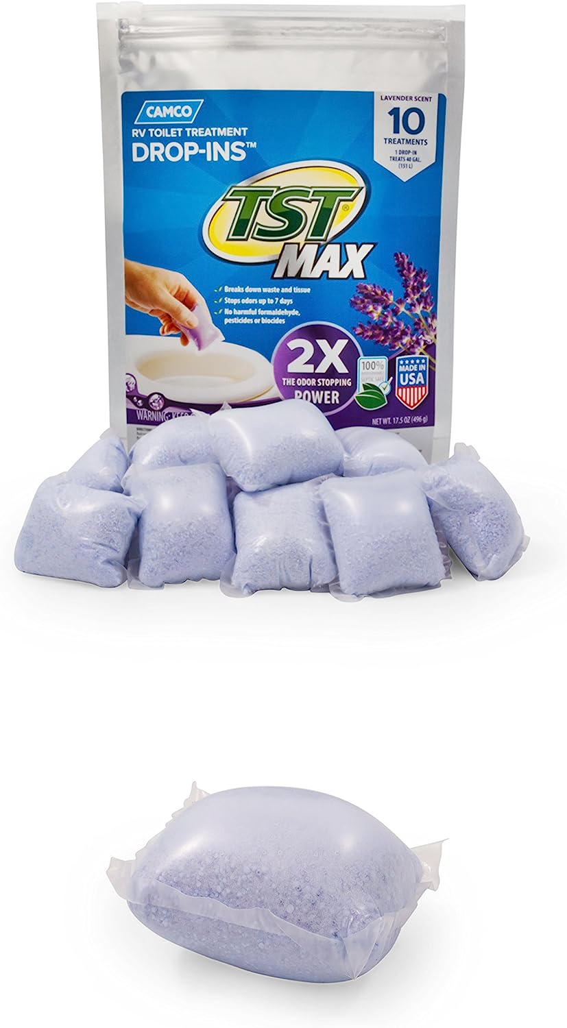 Camco TST MAX RV Toilet Treatment Drop-INs | Control Unwanted Odors and Break Down Waste and Tissue | Septic Tank Safe | Lavender Scent | 10-pack (41556)