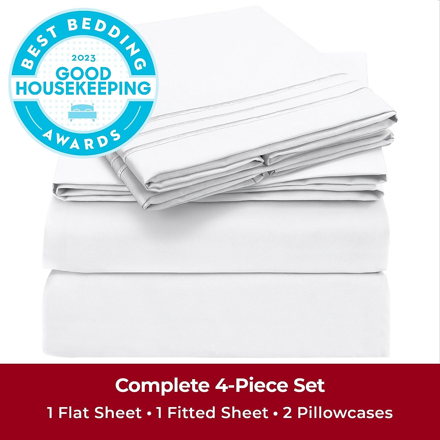 Mellanni Queen Sheet Set - 4 PC Iconic Collection Bedding Sheets &amp; Pillowcases - Hotel Luxury, Extra Soft, Cooling Bed Sheets - Deep Pocket up to 16" - Wrinkle, Fade, Stain Resistant (Queen, White)