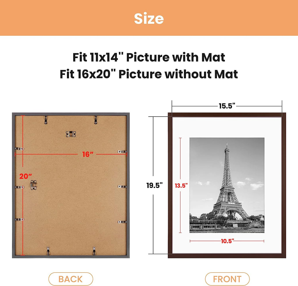 upsimples 16x20 Picture Frame Set of 5, Display Pictures 11x14 with Mat or 16x20 Without Mat, Wall Gallery Poster Frames, Brown