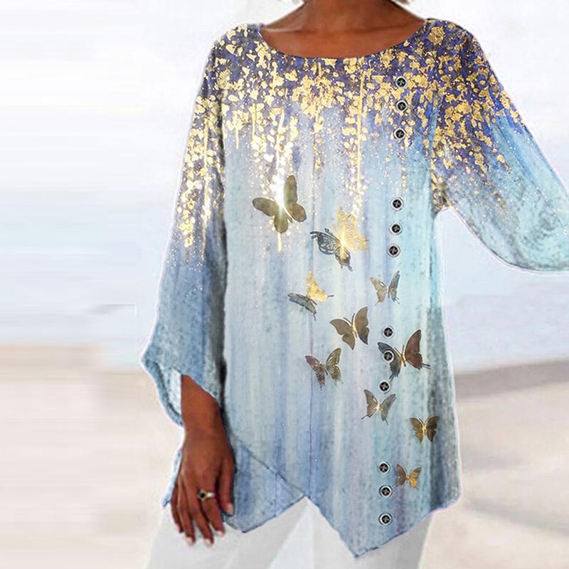 Casual round neck long sleeve fashion butterfly print top