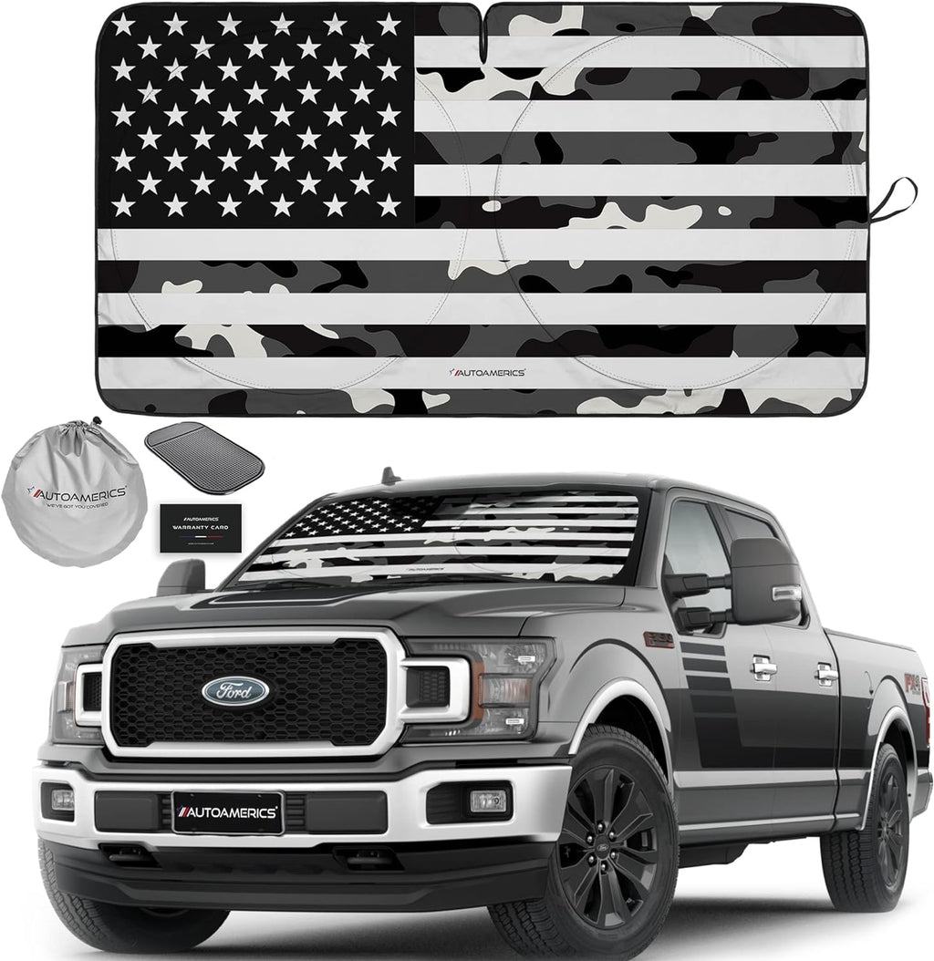 Autoamerics 1-Piece Windshield Sun Shade B&amp;W Camo American Flag USA  - Foldable Car Front Window Sunshade for Most Sedans SUV Truck - Blocks Max UV Rays and Keeps Your Vehicle Cool - X-Large
