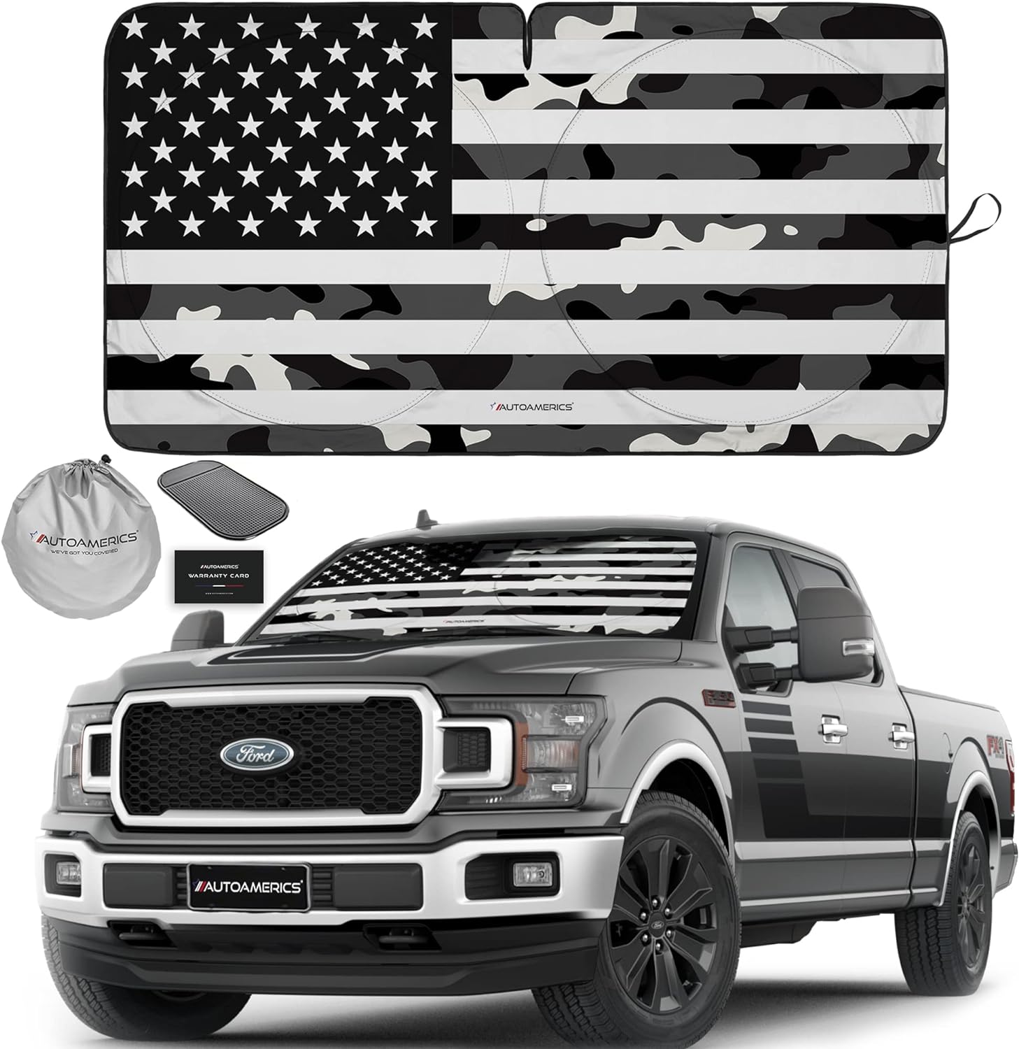 Autoamerics 1-Piece Windshield Sun Shade B&amp;W Camo American Flag USA  - Foldable Car Front Window Sunshade for Most Sedans SUV Truck - Blocks Max UV Rays and Keeps Your Vehicle Cool - X-Large