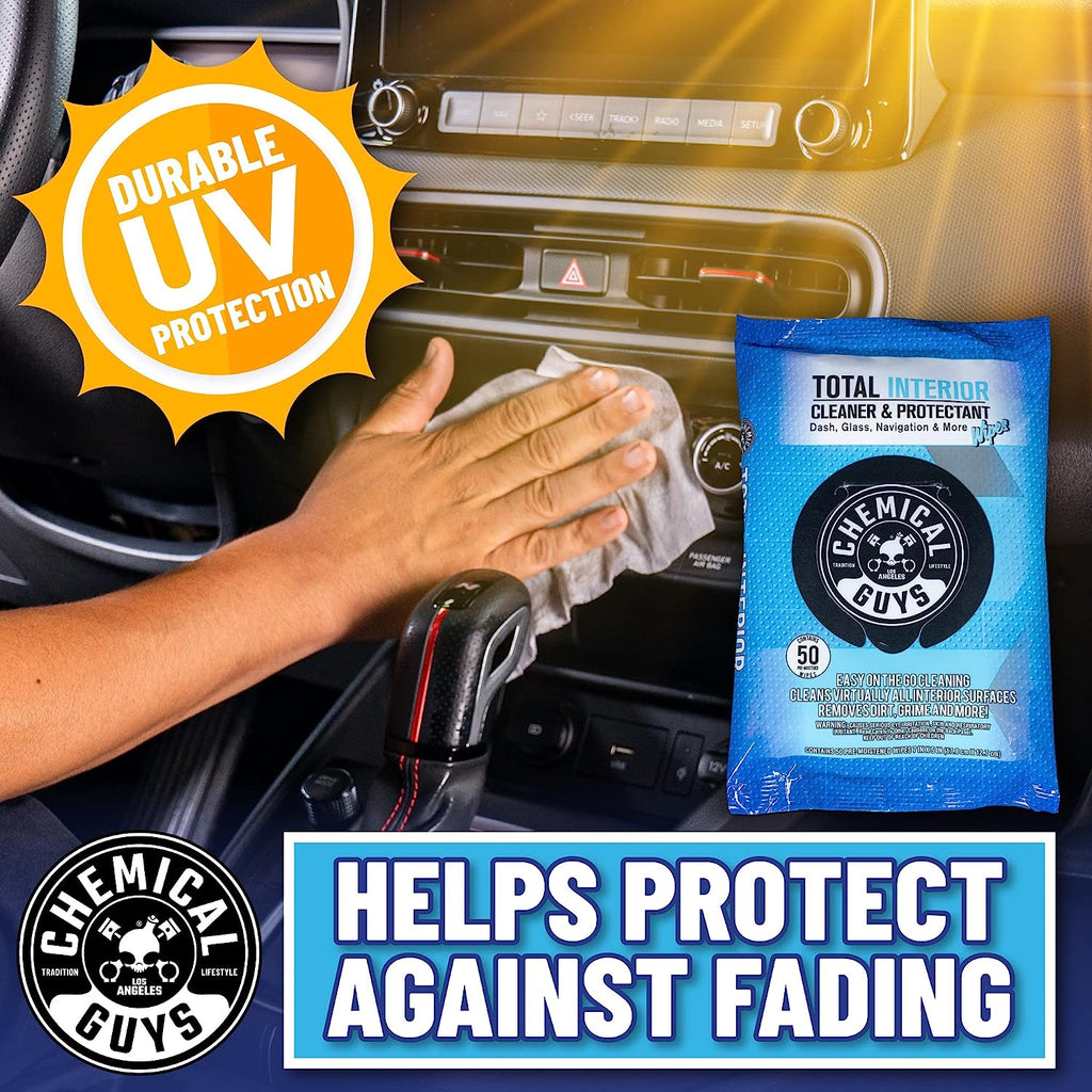 Chemical Guys PMWSPI22050 Total Interior Cleaner &amp; Protectant Wipes Mega 50 Pack, Safe for Cars, Trucks, SUVs, Jeeps, Motorcycles, RVs &amp; More ( 50 Ct)