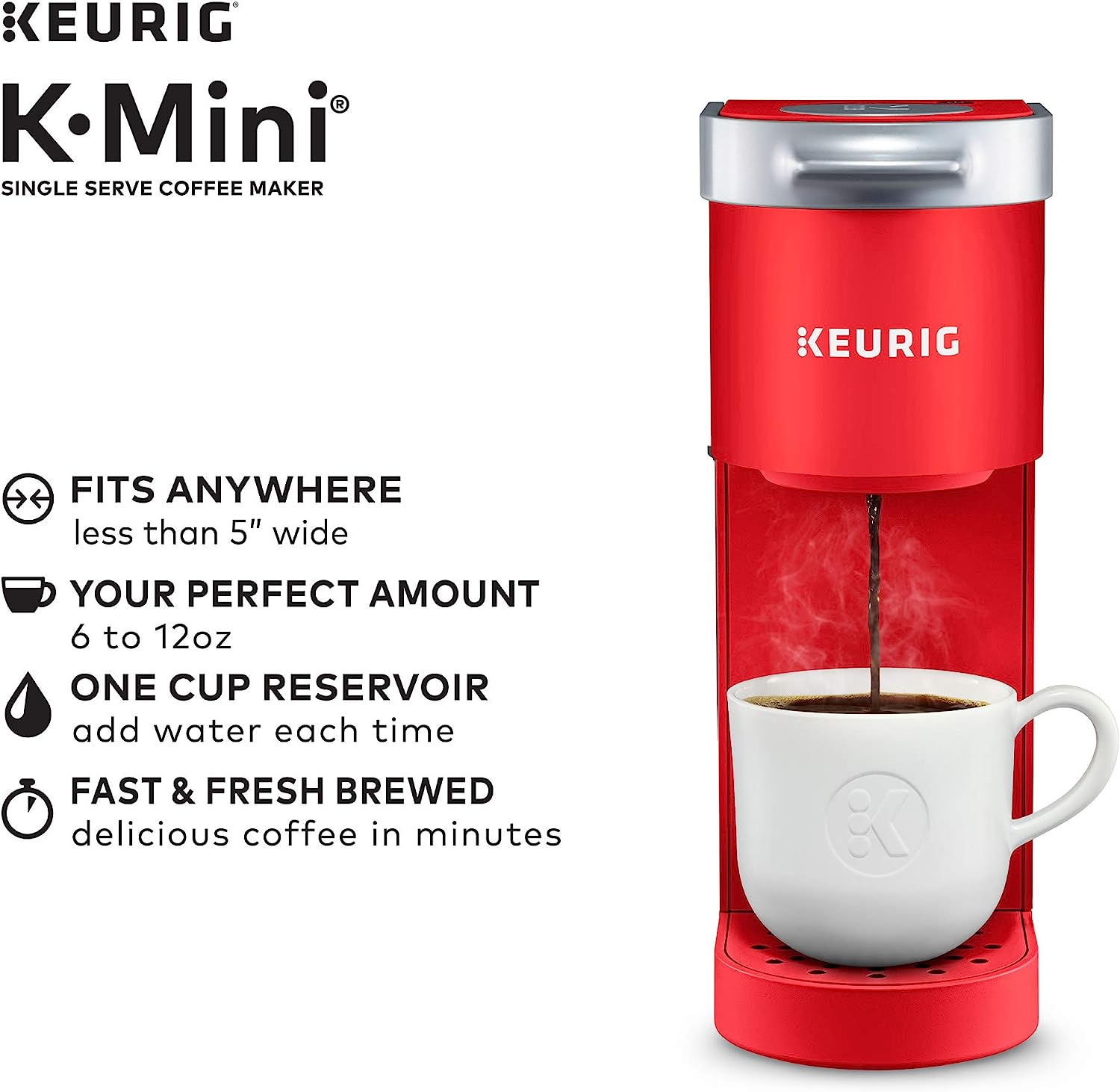 Keurig K-Mini Single Serve K-Cup Pod Coffee Maker, Poppy Red &amp; Travel Mug Fits K-Cup Pod Coffee Maker, 1 Count (Pack of 1), Stainless Steel
