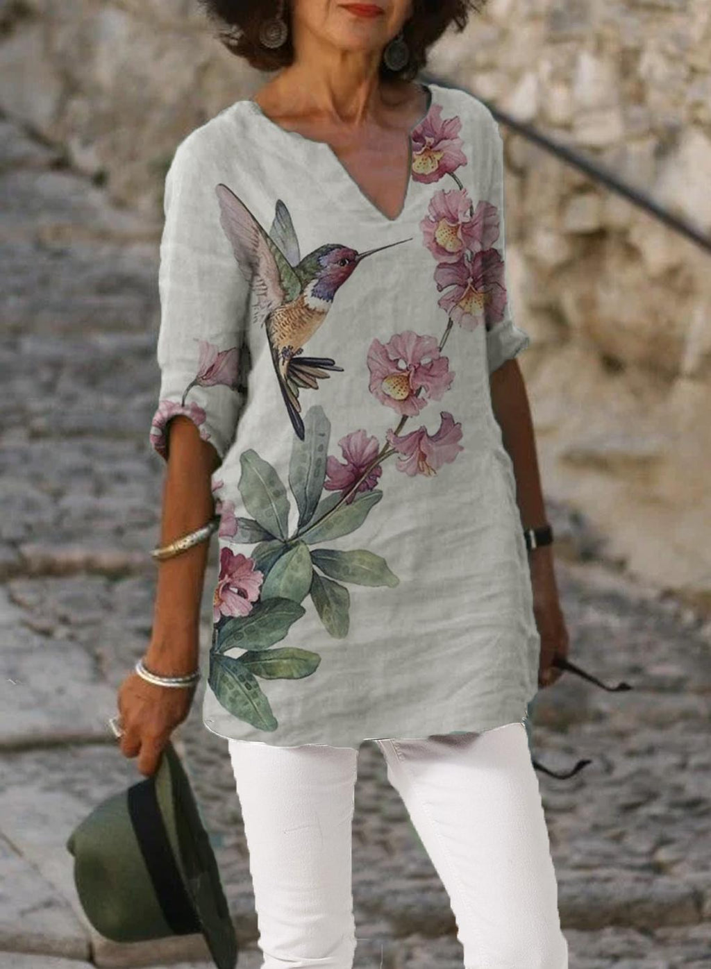 Casual Bird And Floral Print V-neck Blouse