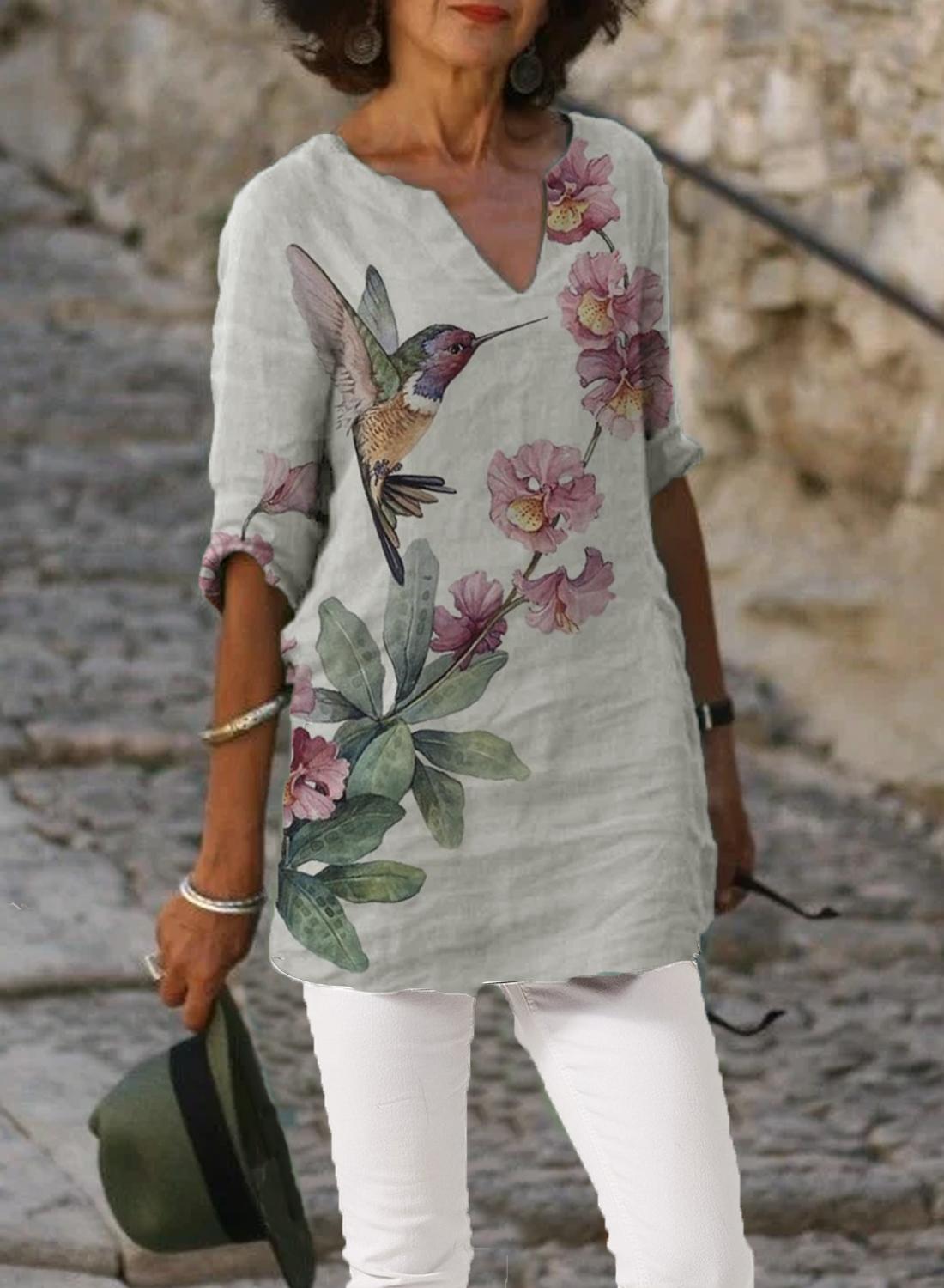 Casual Bird And Floral Print V-neck Blouse
