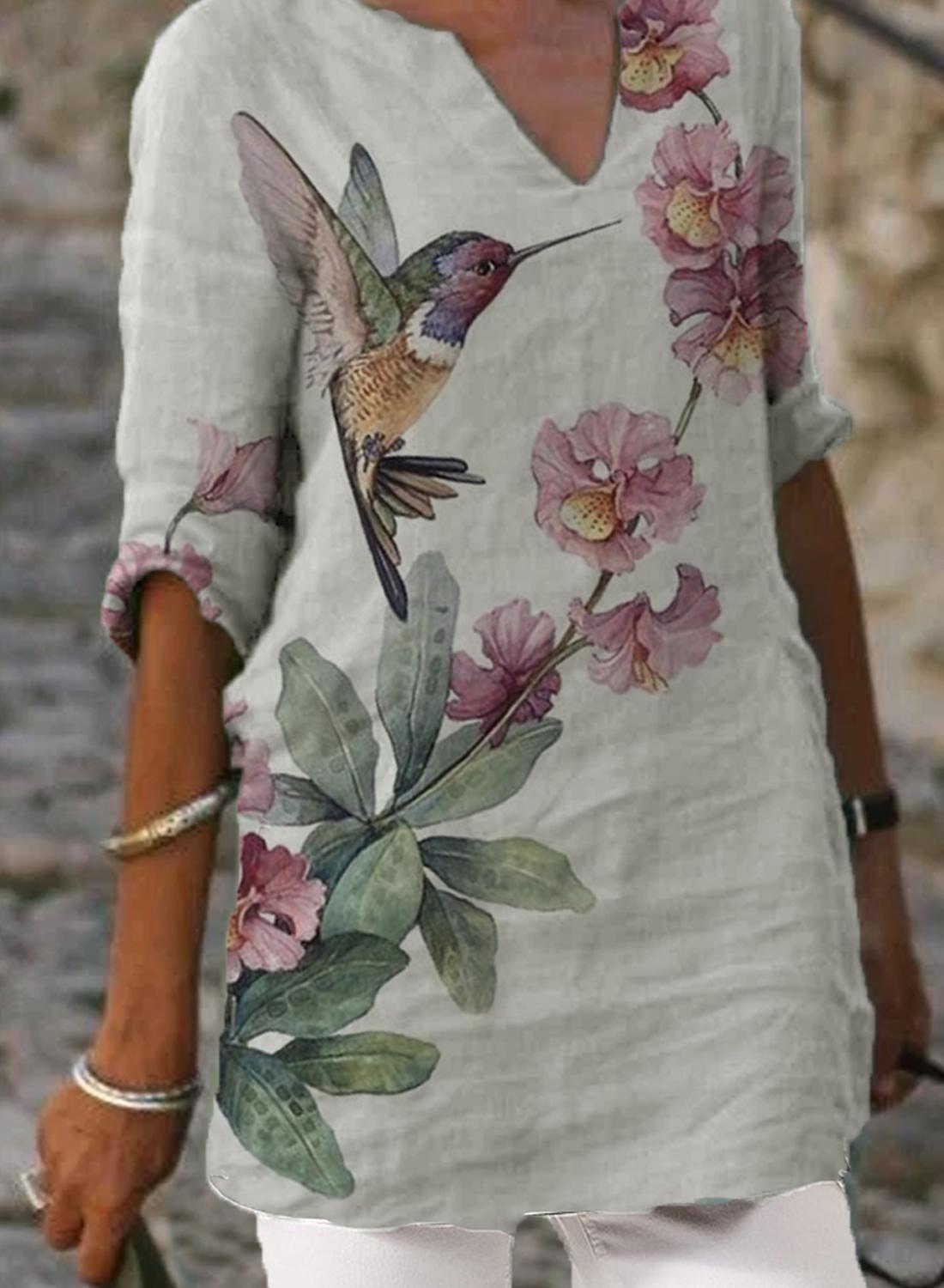 Casual Bird And Floral Print V-neck Blouse