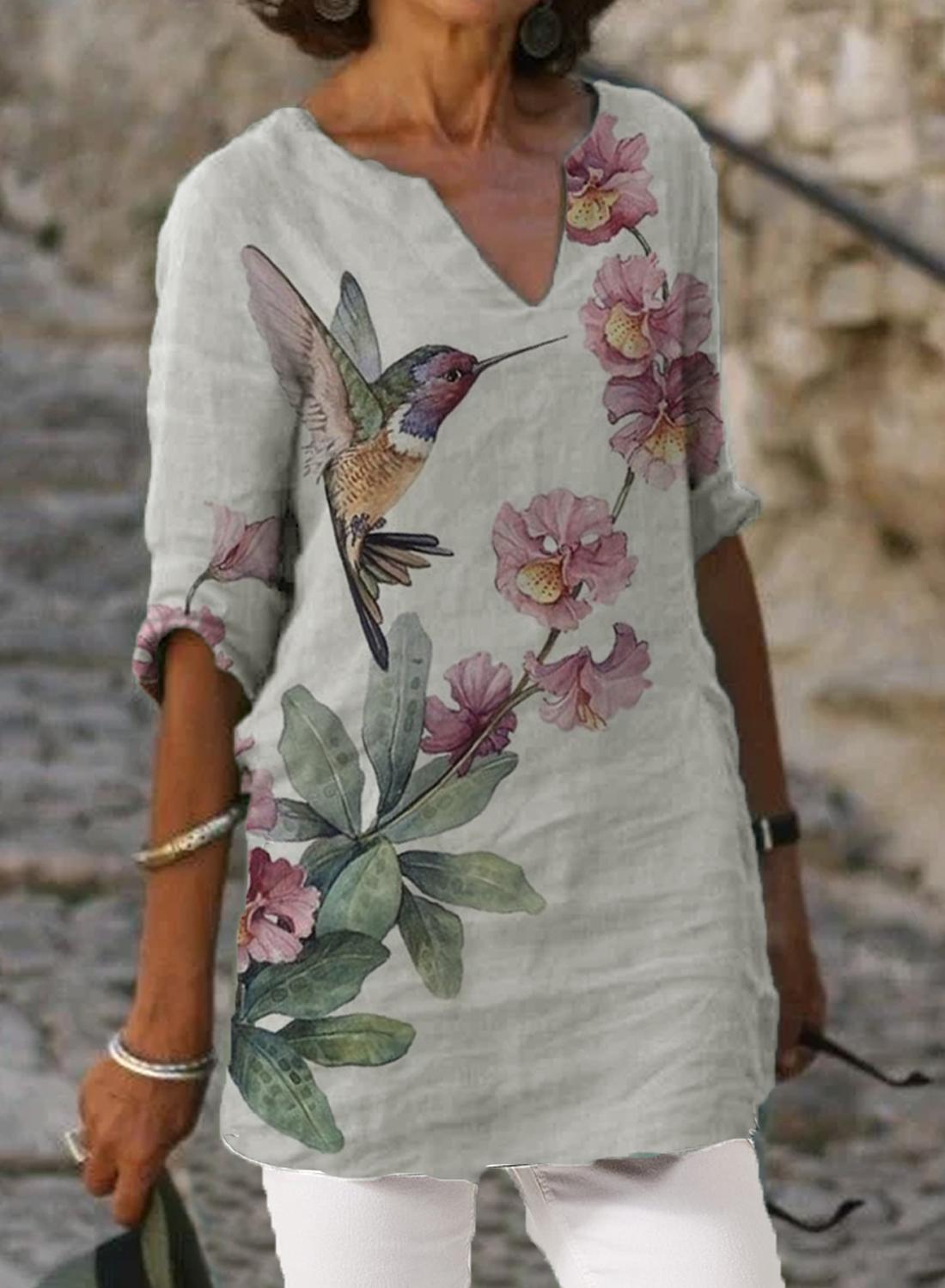 Casual Bird And Floral Print V-neck Blouse
