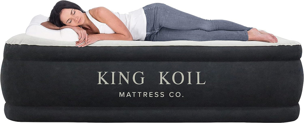 King Koil Luxury Air Mattress Queen with Built-in Pump for Home, 20” Queen Size Inflatable Airbed Luxury Double High Adjustable Blow Up Mattress, Durable - Portable and Waterproof, Black