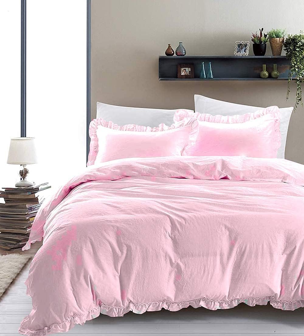 Ultra Soft 1 Piece Frilled Duvet Cover with Beautiful Corner Edge Ruffle Comforter Cover Cotton 800 TC Solid Full/Queen Size, Pink