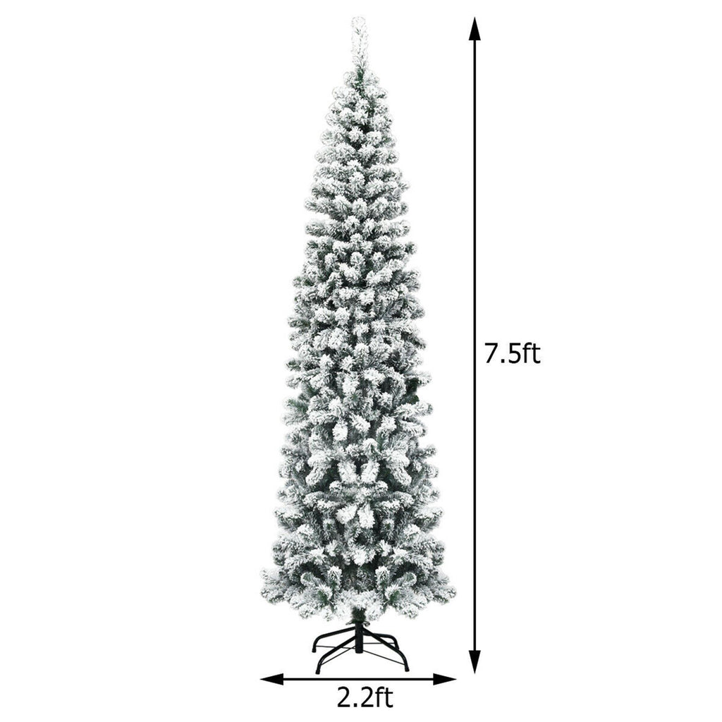 Gymax 7.5ft Pre-lit Pencil Snow Flocked Pencil Christmas Tree Holiday Decoration