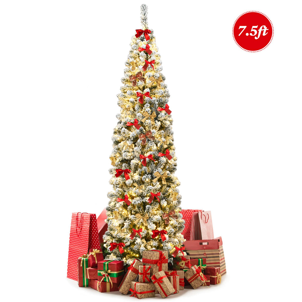 Gymax 7.5ft Pre-lit Pencil Snow Flocked Pencil Christmas Tree Holiday Decoration