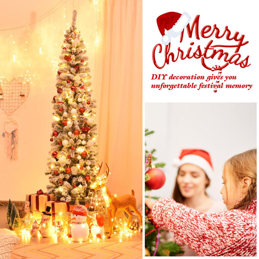 Gymax 7.5ft Pre-lit Pencil Snow Flocked Pencil Christmas Tree Holiday Decoration