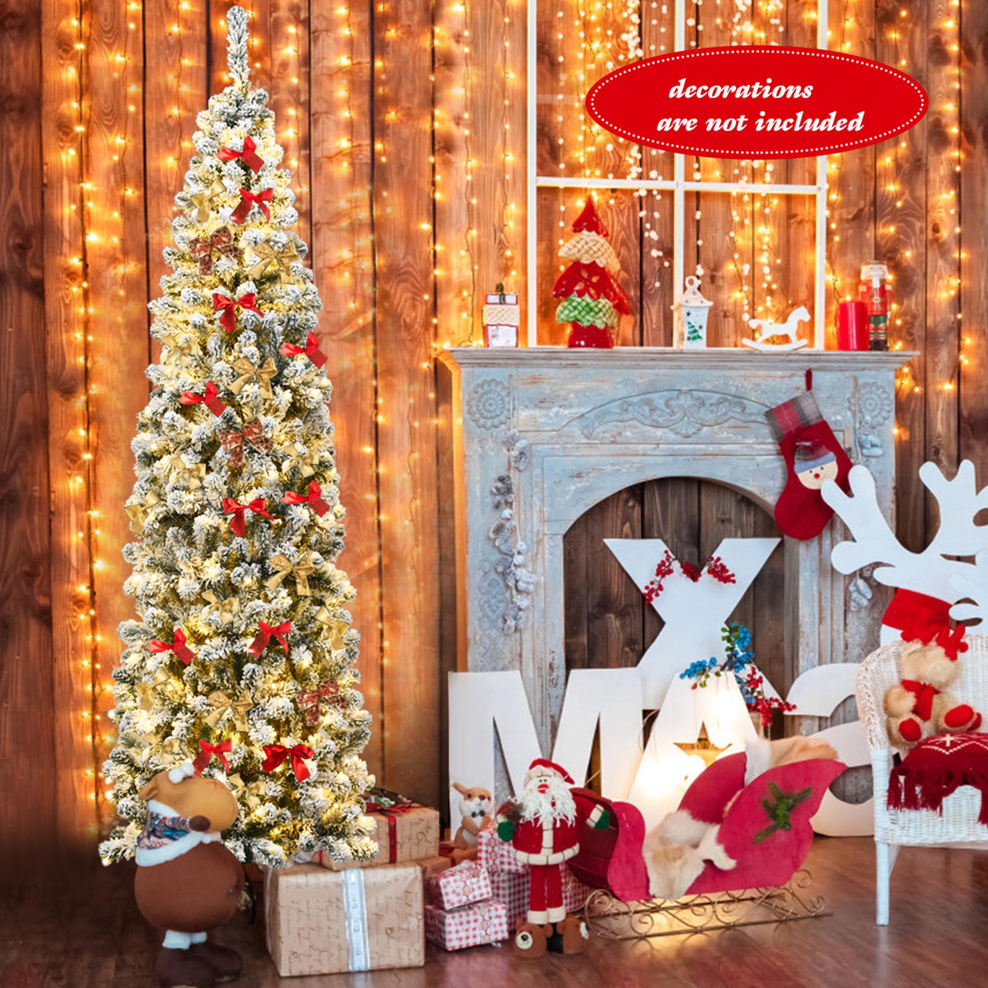 Gymax 7.5ft Pre-lit Pencil Snow Flocked Pencil Christmas Tree Holiday Decoration