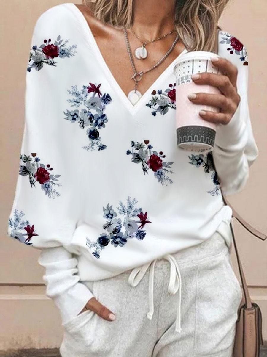 Fashion Flower Print Round Neck Long Sleeve Casual Sweatshirt
