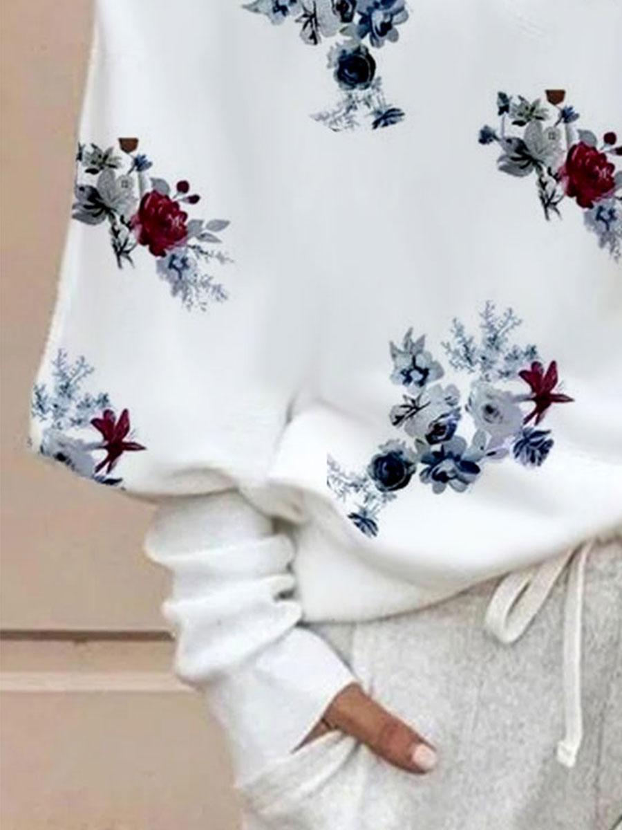 Fashion Flower Print Round Neck Long Sleeve Casual Sweatshirt