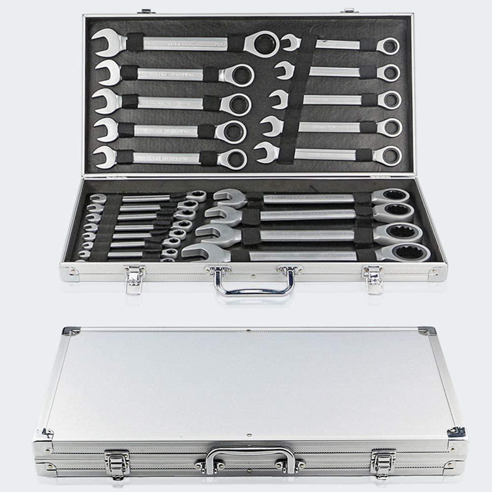 YUQIYU Fixed Double Head Ratchet Wrench 6-32/8-19mm 72 Gear Combination Spanner Set 12/22pcs set Universal Wrench Kit with Aluminum Box (Color : 22PCS)