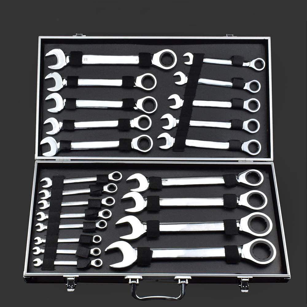 YUQIYU Fixed Double Head Ratchet Wrench 6-32/8-19mm 72 Gear Combination Spanner Set 12/22pcs set Universal Wrench Kit with Aluminum Box (Color : 22PCS)