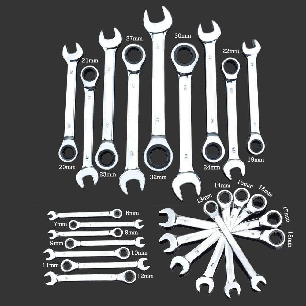 YUQIYU Fixed Double Head Ratchet Wrench 6-32/8-19mm 72 Gear Combination Spanner Set 12/22pcs set Universal Wrench Kit with Aluminum Box (Color : 22PCS)