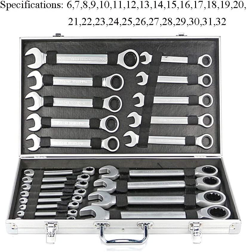 YUQIYU Fixed Double Head Ratchet Wrench 6-32/8-19mm 72 Gear Combination Spanner Set 12/22pcs set Universal Wrench Kit with Aluminum Box (Color : 22PCS)