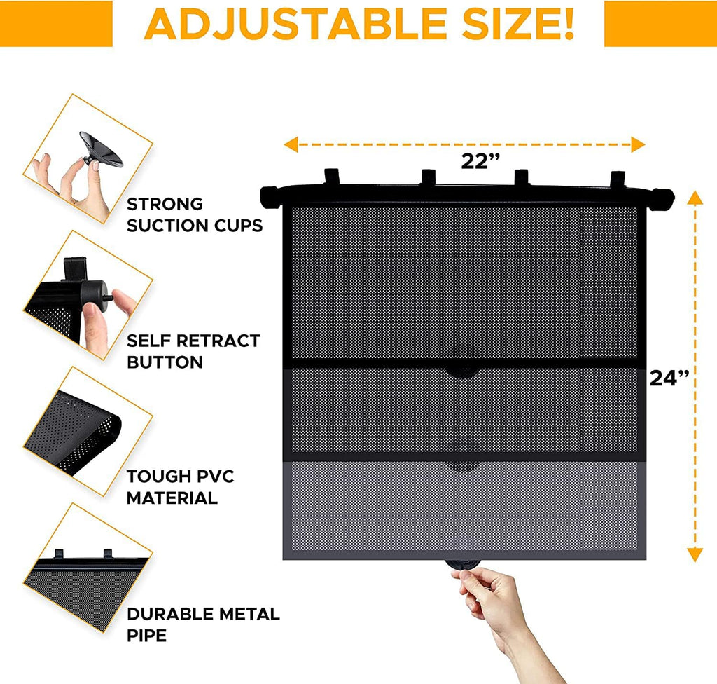 EcoNour Car Window Covers for Baby (2 Pack) | Retractable Car Window Shades for Protecting Kids, Passengers &amp; Pets from Harmful Sun Rays | Car Sun Shade for Trucks | XXL (22”x24”)