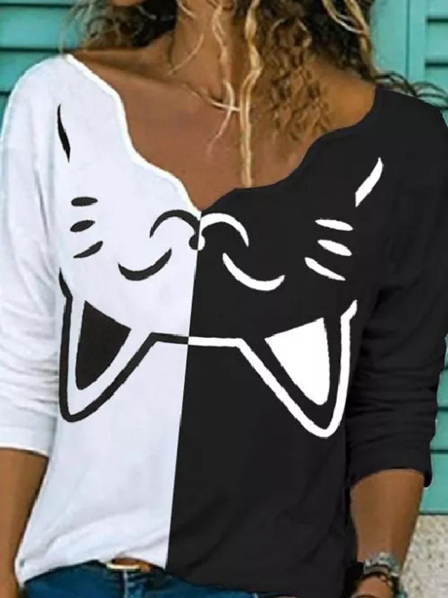 Casual Black And White Cat Print T-shirt
