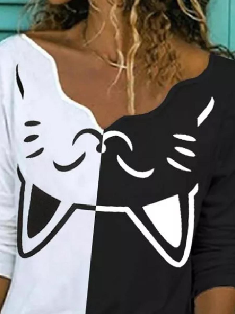 Casual Black And White Cat Print T-shirt