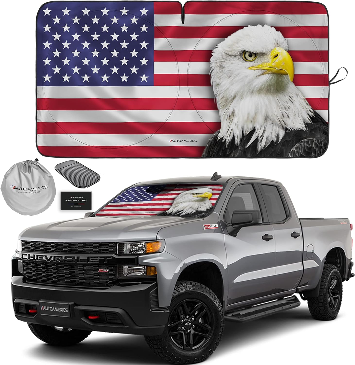 Autoamerics 1-Piece Windshield Sun Shade American Eagle Flag USA Patriotic  - Foldable Car Front Window Sunshade for Sedans SUV Truck - Blocks Max UV Rays and Keeps Your Vehicle Cool - Large
