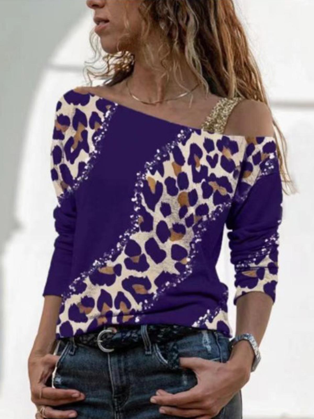 Leapard Print One Shoulder Long Sleeve Top