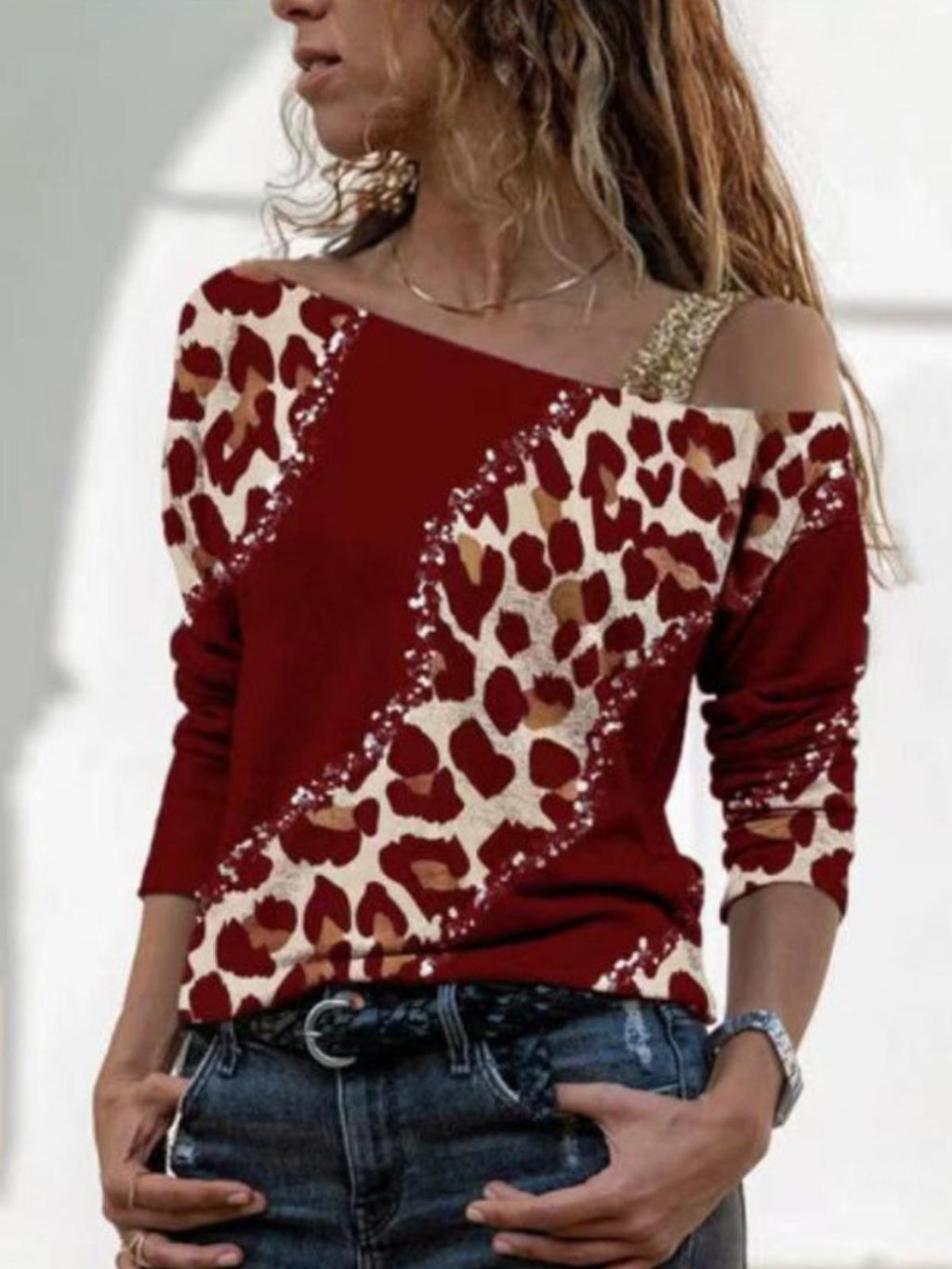 Leapard Print One Shoulder Long Sleeve Top