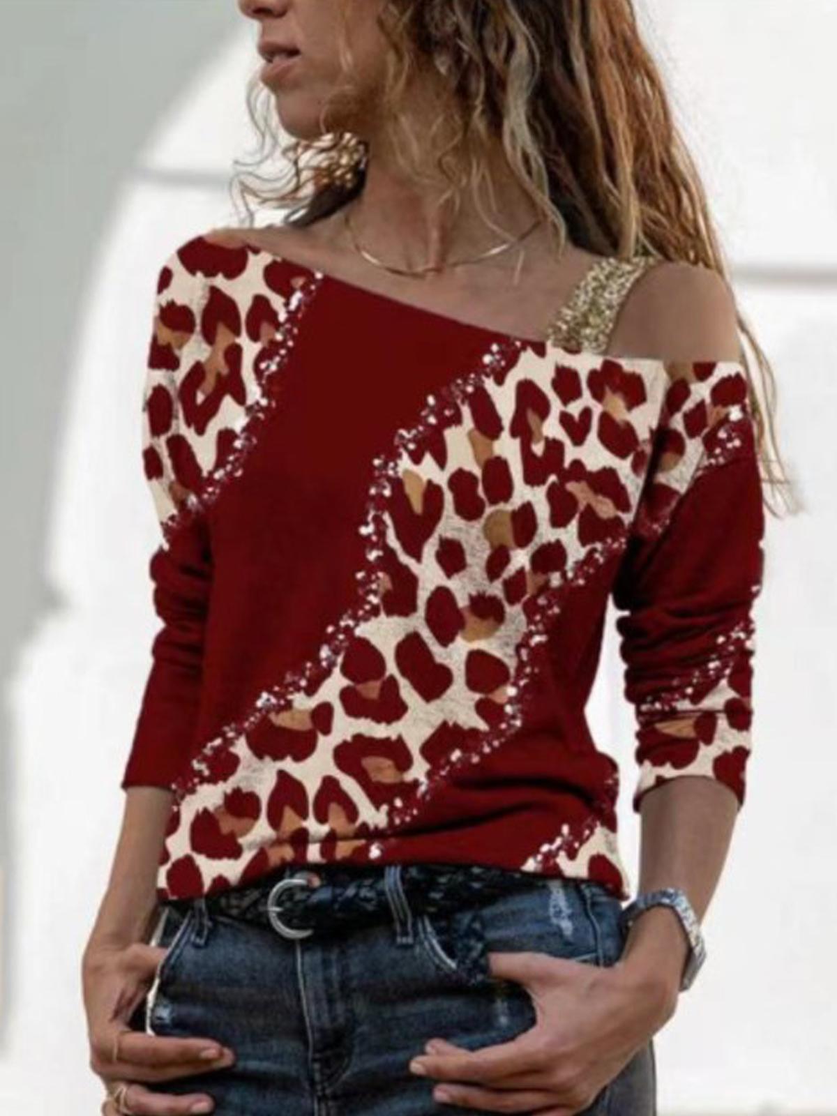 Leapard Print One Shoulder Long Sleeve Top