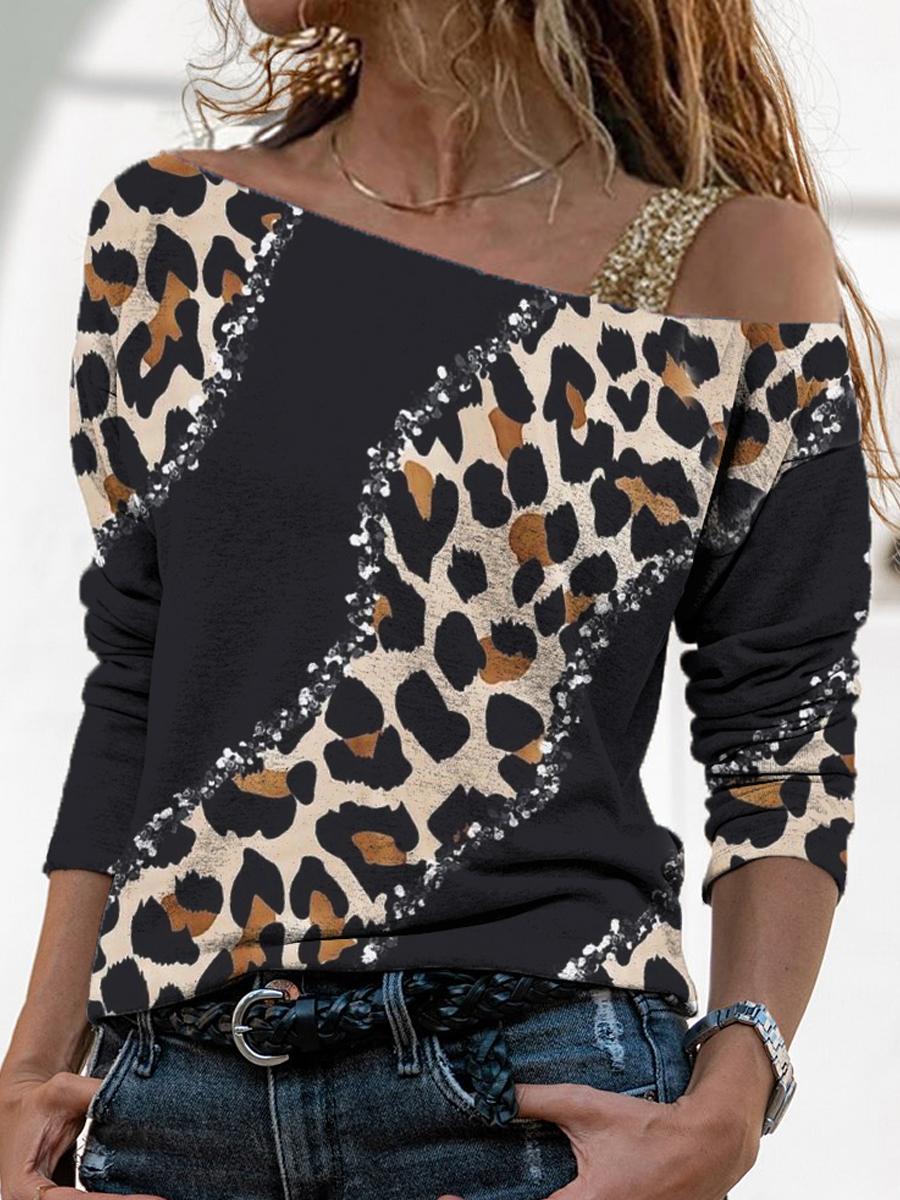 Leapard Print One Shoulder Long Sleeve Top