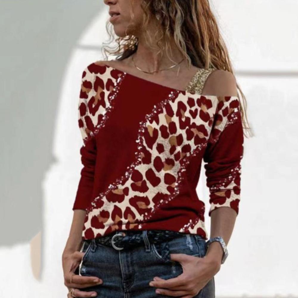 Leapard Print One Shoulder Long Sleeve Top