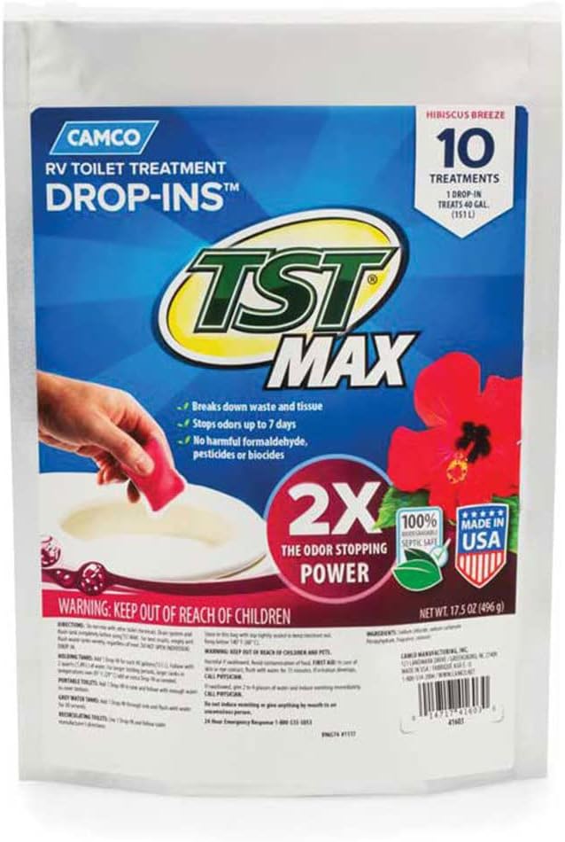Camco TST MAX RV Toilet Treatment Drop-INs | Control Unwanted Odors and Break Down Waste and Tissue | Septic Tank Safe | Hibiscus Breeze Scent | 10-pack (41603)