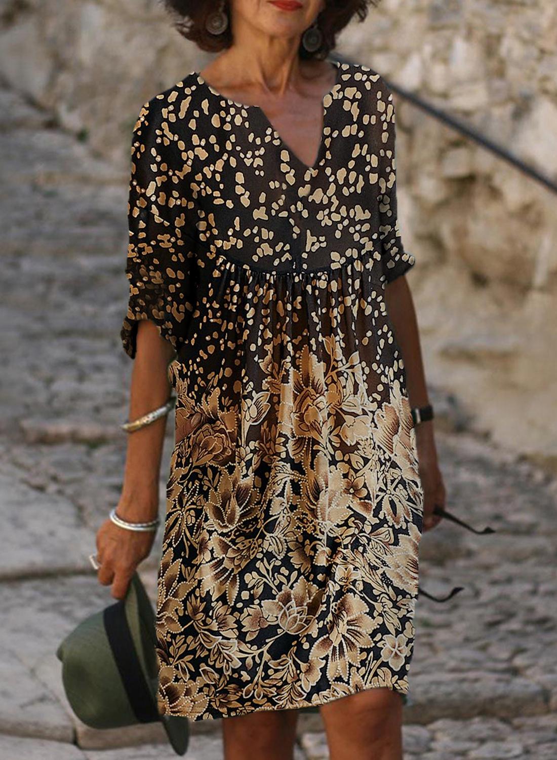 Fashion Beige Floral Print V-neck Midi Dress Women