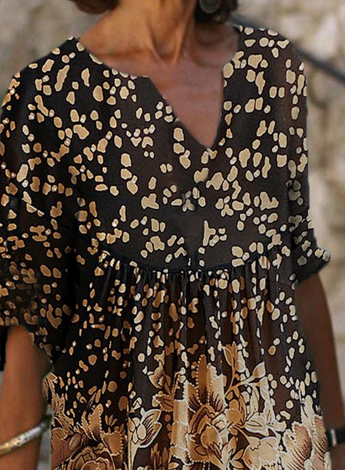 Fashion Beige Floral Print V-neck Midi Dress Women