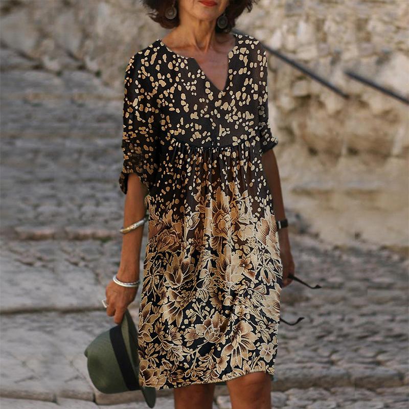 Fashion Beige Floral Print V-neck Midi Dress Women