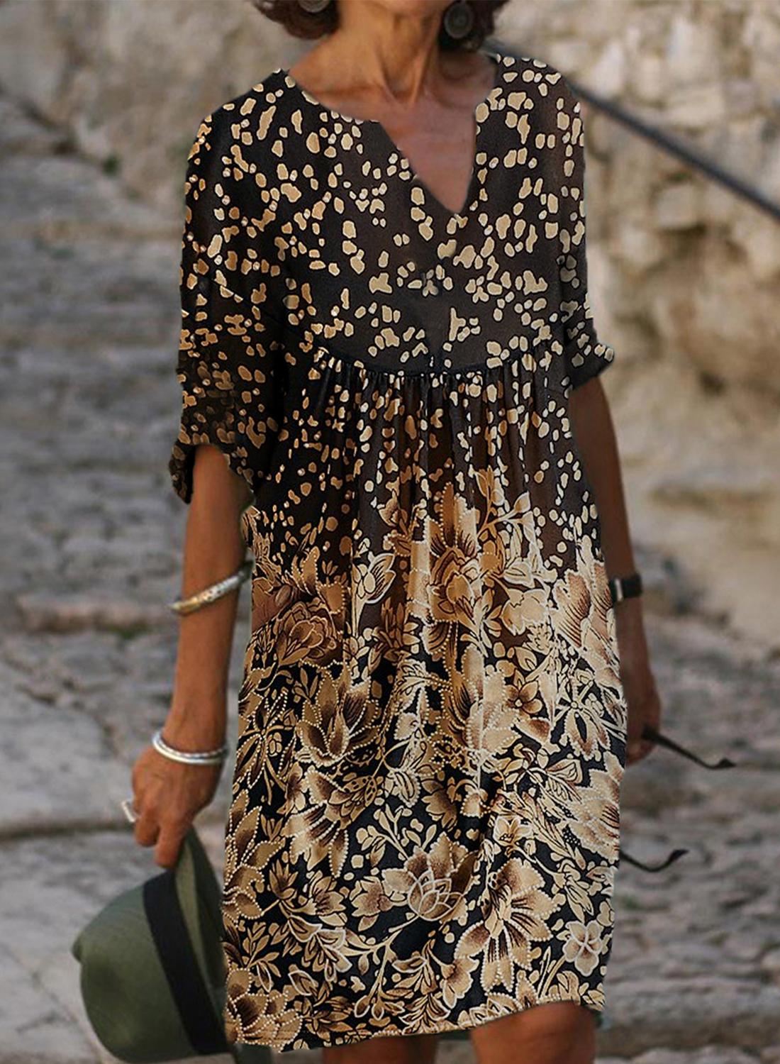 Fashion Beige Floral Print V-neck Midi Dress Women