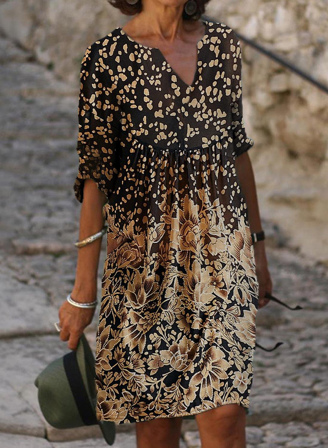 Fashion Beige Floral Print V-neck Midi Dress Women