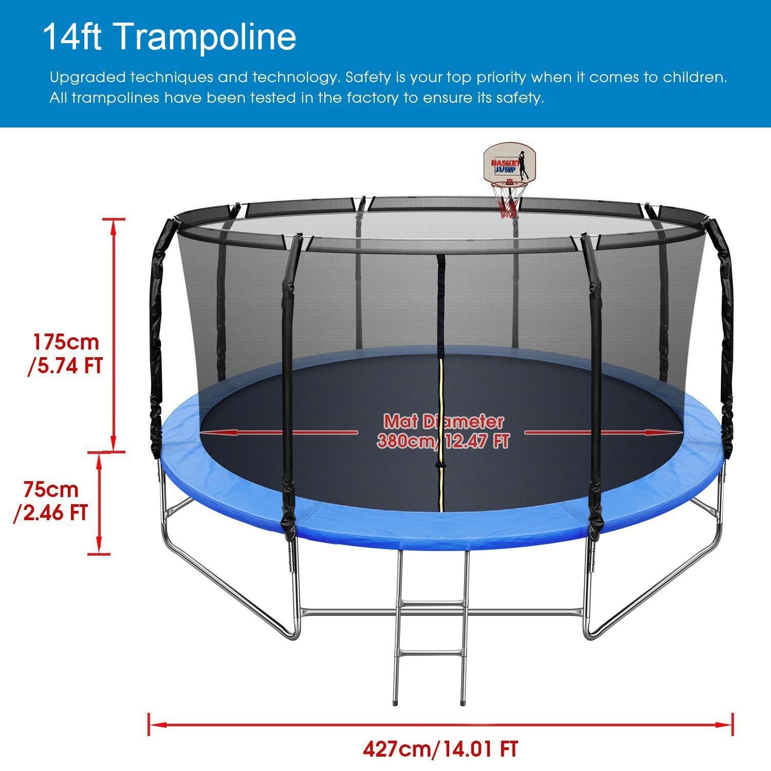 14 FT Trampoline with Basketball Hoop, Safety Enclosure Net, 800LBS Capacity 5-6 Kids, Waterproof Mat and Ladder, Outdoor Backyard Trampolines, Basketball Trampoline for Kids/Adults